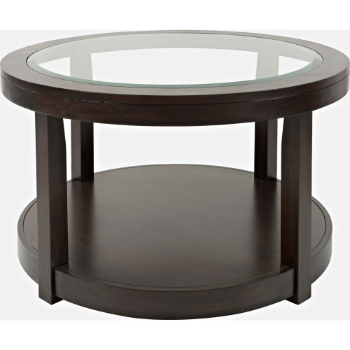 Urban Icon Round Coffee Table w/ Tempered Glass Inlay in Merlot